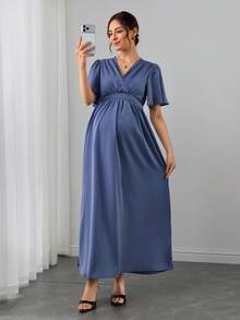 Momance Elegant Maternity Maternity Solid Color Side Slit Maternity Dress For Summer Photoshoot Dusty Blue Photoshoot - Blue - View 5