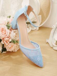 CUCCOO HITCHD White Lace Pointed-Toe Block Heels. Elegant Bridal Shoes For Wedding, Party, Prom And Holidays. Stylish Picks For Spring & Special Events. - Light blue - View 13