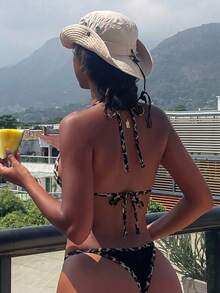 SHEIN Swim 女款豹紋拼接性感掛脖綁帶比基尼兩件式泳衣套裝 - 黑色 - 查看 10