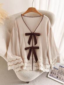 CosyJoli Plus Size Casual Lace-Up Ruffle Patchwork Textured Fabric V-Neck Long Sleeve Shirt - Apricot - View 2