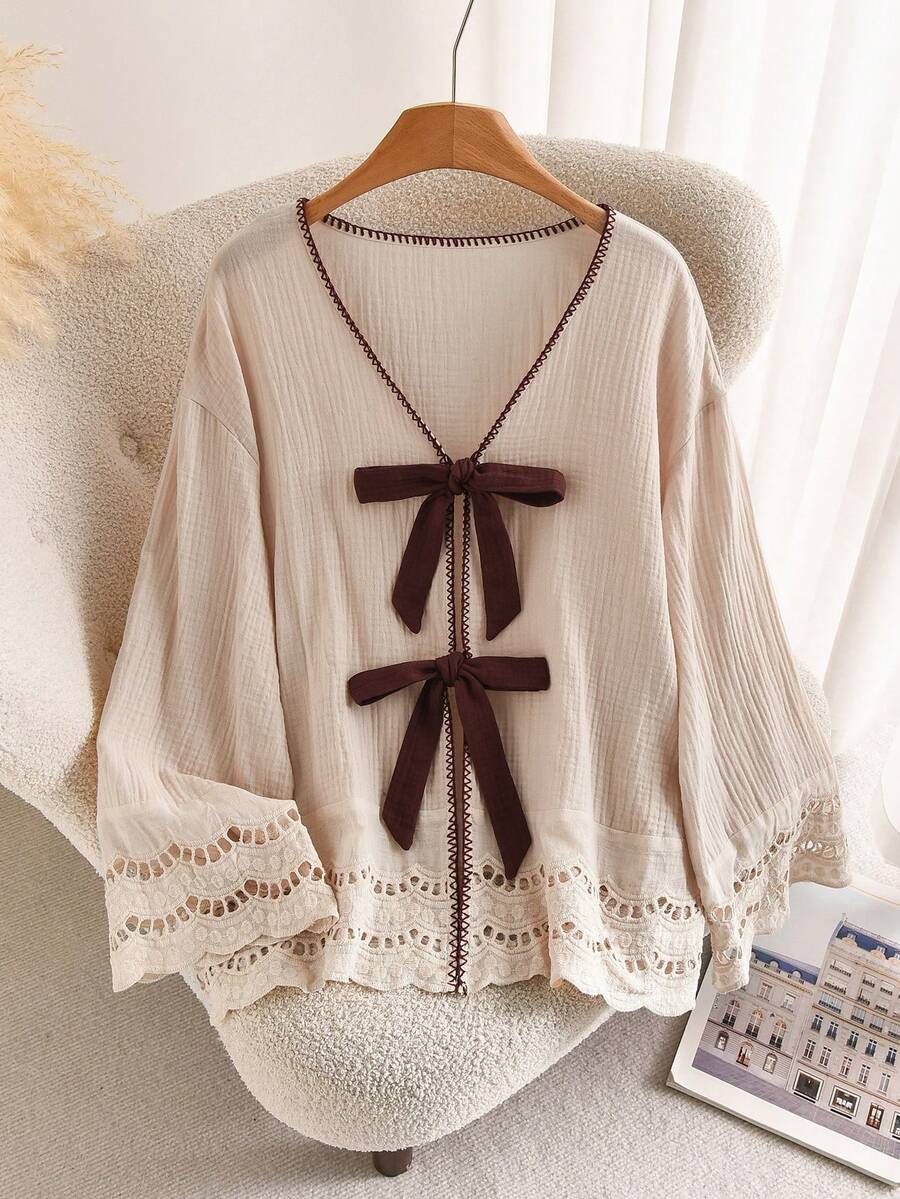 CosyJoli Plus Size Casual Lace-Up Ruffle Patchwork Textured Fabric V-Neck Long Sleeve Shirt