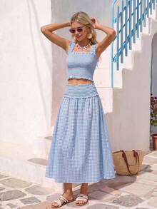 Vivid Eden Women's Vacation Casual Tropical Cute Blue And White Gingham Plaid Tank Top Skirt 2 Pieces Set Beach Holiday Outfits Festival Rave Clothes Summer - Blue - View 7