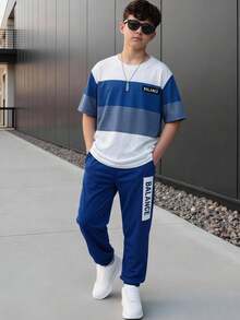 SHEIN Kids Tween Boy Casual Colorblock Patchwork Letter Print Crew Neck Short Sleeve T-Shirt And Shorts Set, Suitable For Commuting, School, Daily Casual, Outings, Sports, Spring And Summer - Blue - View 3