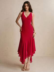 COSMINA Women's V-Neck Asymmetric Hem Dress, Minimalist Red Dress, Elegant Flowy Midi Dress, Red Dress, Elegant Dress, Y2k Dress, Holiday Dress, Summer Dress - Red - View 5