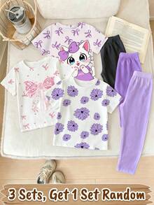 SHEIN 女嬰 2件/套休閒時尚百搭春/夏嬰幼兒T恤套裝，隨機1套，兒童內搭褲套裝 2件兒童長褲與上衣，兒童內搭褲套裝，時尚休閒穿搭，春/秋/冬街頭風 - 彩色 - 查看 2