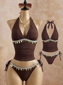 Elavelle Women's Spring/Summer Solid Color Lace Bikini Bottom Beach Brown Boho Lace - Brown - View 3