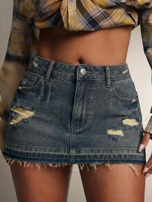 Denimoi Raw Hem Micro Mini Denim Skirt - Medium Wash - View 2