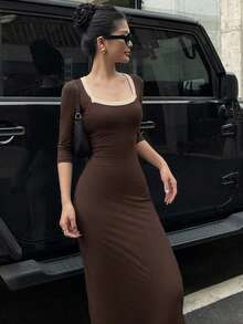 DAZY Women's Elegant Commute Slim Fit Long Dress Summer - Brown - View 2