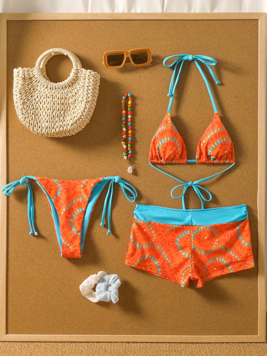 Swim Mod Women's 2026 Spring/Summer New Dual-Color Printed Contrast Shoulder Strap Drawstring Triangle Top & Bikini Bottom & Hipster Panty 3-Piece Swimsuit Set - Multicolor - View 1