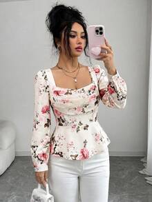 SHEIN Elenzya Best-Selling Rose Floral Print Design With Chiffon Printed Ruffle Collar, Cinched Waist, Small A-Line Hem, Long Sleeve, Exquisite Elegant Casual Daily Women's Blouse For Spring, Summer, Autumn - Multicolor - View 6