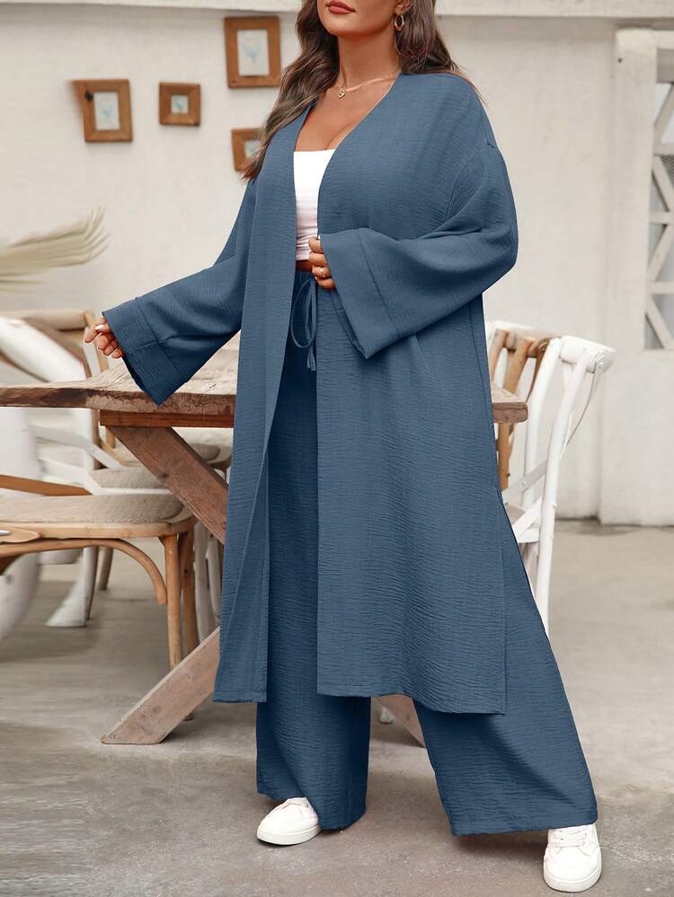 EMERY ROSE Plus Size Long Cardigan Shirt & Straight Leg Pants Casual Vacation 2 Pieces Set - Dusty Blue - View 4