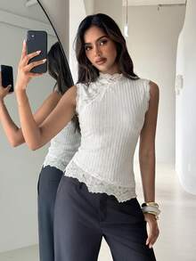 Aloruh Women's Solid Color Stand Collar Lace Patchwork Fashion Sleeveless T-Shirt - Apricot - View 3