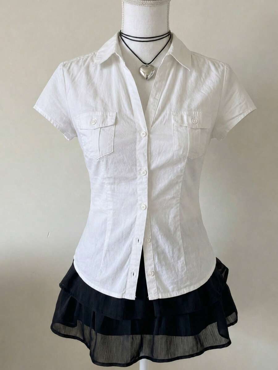 Attitoon 女款春夏透氣修身襯衫,短袖領口鈕扣開襟,百搭上衣 - 白色 - 查看 1