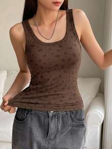 DAZY Tank Top Kasual Musim Panas Motif Bunga Kecil - Coklat - View 4