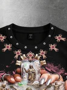 ROMWE MEN Street Life Camiseta sin mangas de corte holgado para hombre con decoración de remaches y estampado - Negro - Ver 3