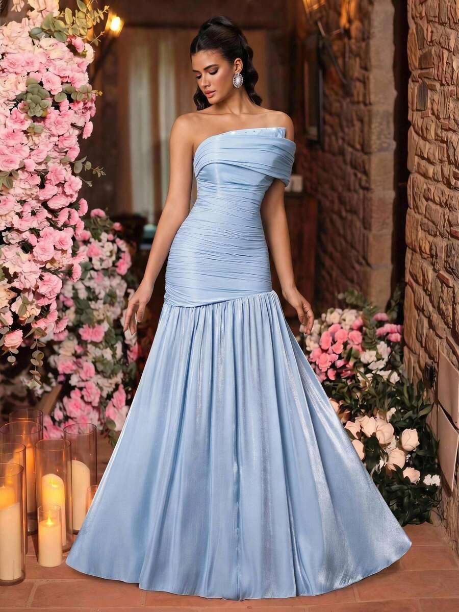 Aureia 優雅奢華淺藍色露肩領口鑲鑽裝飾百褶A字長地正式禮服,適合度假、晚宴、生日派對場合 - 淺藍色 - 查看 1