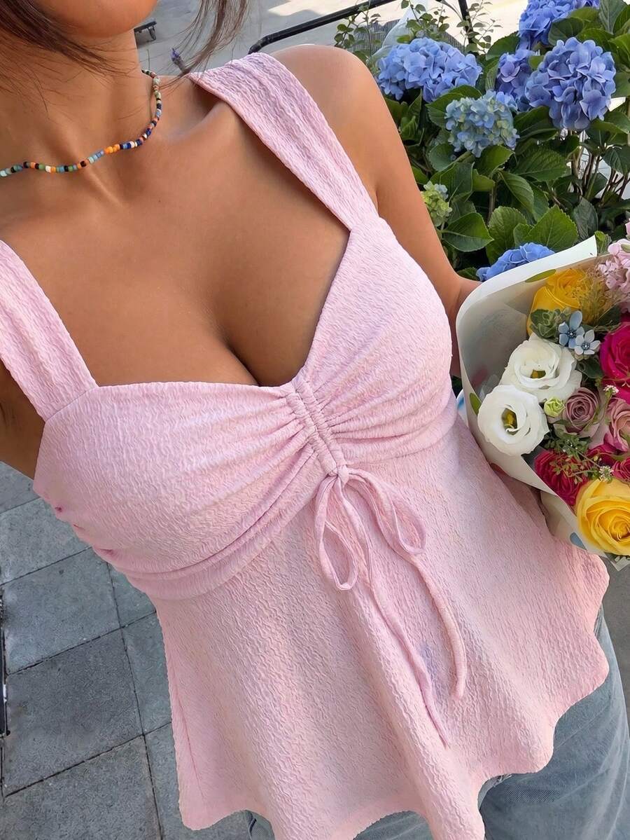 Muchica Plus Size Women Solid Color Pleated Casual Versatile Daily Outing Blouse - Baby Pink - View 1