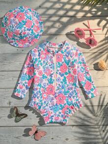 SHEIN Newborn Baby Girl Cute Floral Pattern Ruffle Long Sleeve One-Piece Swimsuit (Hat Not Included) - Pink - View 3