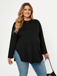 Plussiva Plus Size Maternity Casual Autumn Black Long-Sleeved Loose T-Shirt Versatile Solid Color Side Slit Top Fall Work Breast Feeding Postpartum - Black - View 6