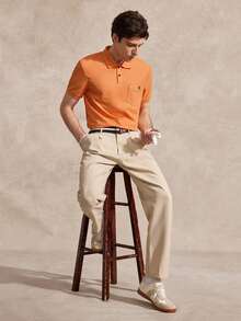 Courvante Golf Men's Casual Flap Pocket Button-Up Short Sleeve Polo Shirt, Summer Men Clothing, Orange Golf - Orange - View 8