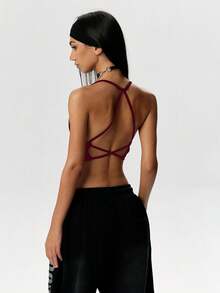 Glamine Letter Print Backless Fashion Camisole & Tank Top, Summer Sportswear - Burgundy - View 2