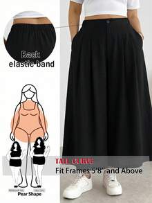 SHEIN Tall CURVE Plus Size Women's Solid Color Pocket Casual Wide Leg Cropped Pants Formal Office Brunch Bussines Teacher Black Autumn Teachers' Day - Black - View 6