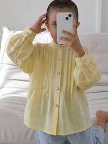 Hapijoa Round Neck Design Minimalist Cute Young Girl Top Spring/Autumn Young Girls Blouse - Yellow - View 6