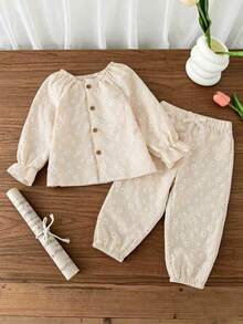 SHEIN Vintaside Kids 嬰兒/幼兒(女童)上衣套裝，花卉長袖秋季服飾 - 卡其色 - 查看 1