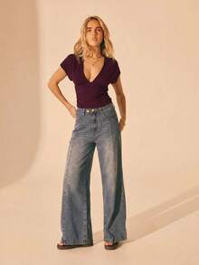 Aralina Women's Solid Color Deep V-Neck Ruched Fitted Versatile Casual T-Shirt - Burgundy - View 7