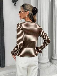 Muvela Women's Ribbed Crew Neck Long Sleeve Casual T-Shirt Brunch Everyday School Brown Striped Autumn Slim Fit Basic Back-To-School - Coffee Brown - View 3
