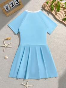 Tween Girl Colorblock Vacation Zipper Half-Placket Round Neck Short Sleeve Romper - Baby Blue - View 2