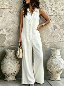 SHEIN Holidaya Europäisch-amerikanischer Mode Kragen Dekorknopf Design ärmellose locker sitzende lässig Damen Jumpsuit, Damen Frühlings- und Sommer Jumpsuit, ärmellose Bluse, Frühlings-Kleidung, Sommer-Outfit, Urlaub, Ausflug, Y2K, Frühling, Sommer, Schulanfang, lässig, Strand, Business, vielseitig, sexy, Damen Weiß Jumpsuit - Beige - Übersicht 2