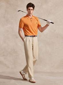 Courvante Golf Men's Casual Flap Pocket Button-Up Short Sleeve Polo Shirt, Summer Men Clothing, Orange Golf - Orange - View 2