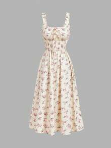 SHEIN MOD Women's Floral Print Tie-Up Ruched Elegant Vacation Dress - Light Yellow - View 2