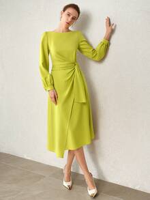 MOTF PREMIUM Vestido de mujer para primavera/otoño de negocios de unicolor con cintura anudada y largo hasta la rodilla - Mostaza Amarilla - Ver 9