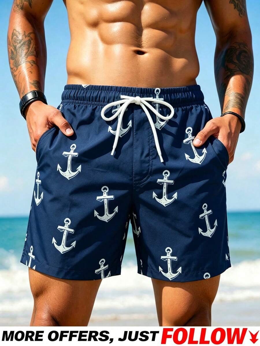 Solantero Pantalones cortos de playa con estampado minimalista para hombres de talla grande, vacaciones - Azul Marino - Ver 1