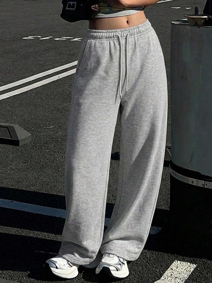 DAZY Women's Solid Color Drawstring Waist Wide Leg Loose Casual Long Pants - Dark Grey - View 1