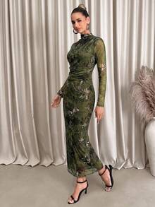 Lavishia 女款時尚豹紋動物印花修身百褶洋裝，動物紋理網格印花洋裝，印花設計；適合波希米亞風、度假、休閒、海灘、返校穿著，網格海灘洋裝，適用嘉年華、音樂節 - 杏色 - 查看 5