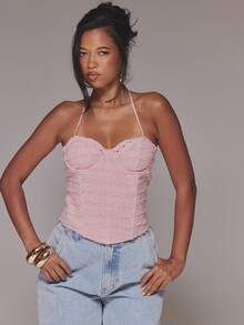MUSERA Pink Lace Up Edge Trim Boned Corset - Pink - View 5