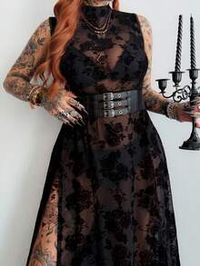 Whyspr Dark High Slit Sheer Long Black Asymmetrical Pattern Dress - Black - View 7