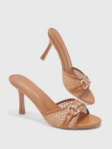 Styleloop Sepatu Wanita Motif Cokelat Anyaman Gesper Emas Dekoratif Modis Musim Semi dan Musim Panas Sandal Perjalanan Sehari-hari Ujung Bulat - Tenun unta - View 5