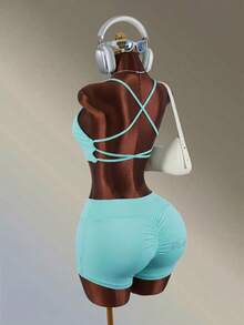 Amplova Ensemble de soutien-gorge de sport et short de couleur unie avec dos croisé pour femmes - Bleu ciel - Voir 4