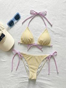 Swim Mod Women's Summer Beach Striped Halter Neck Tie Sexy Fashion Bikini Two-Piece Swimsuit Set - Light Yellow - View 2