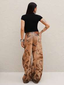 Maju Mazalli Wide Barrel Leg Unique Washed Denim Jeans Fashionable Streetwear Casual - Medium Wash - View 2