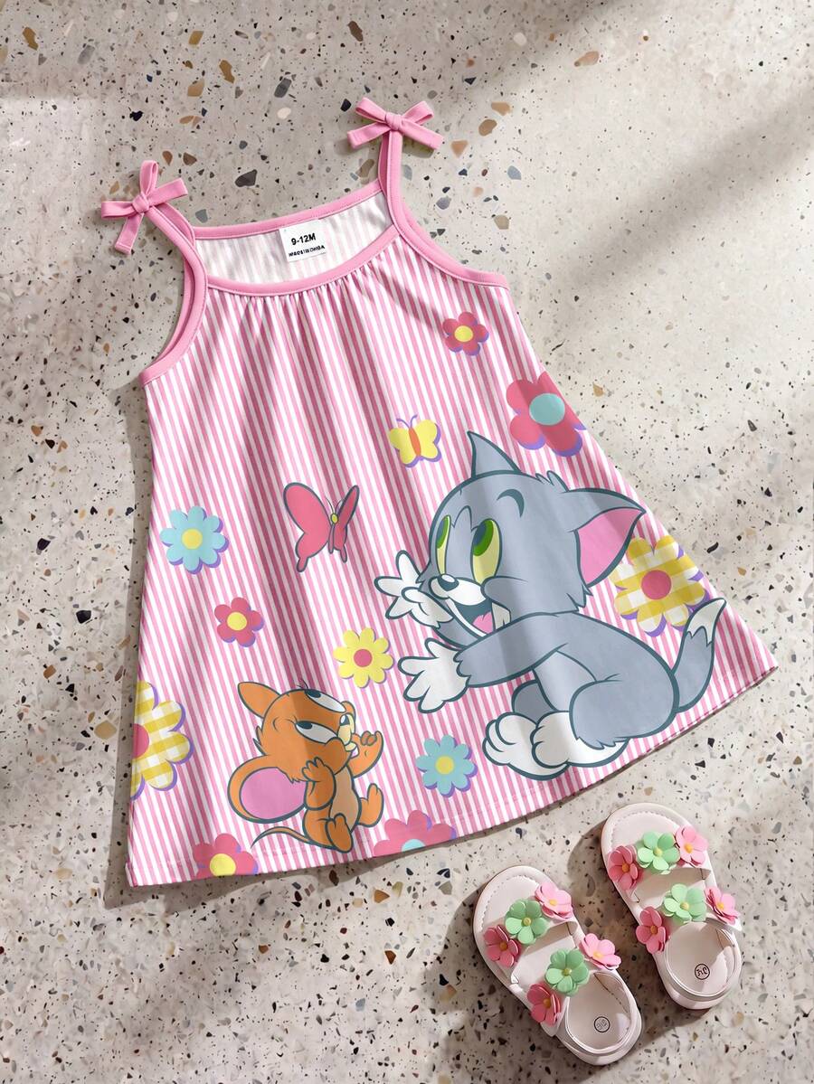 TOM & JERRY X SHEIN GraphicGems 女嬰粉色條紋A字版蝴蝶結肩帶洋裝 - 粉色 - 查看 1