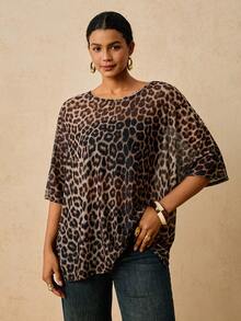 Travachic Plus Size Women's Leopard Print Round Neck Short Sleeve Casual Loose Fit T-Shirt Fall - Multicolor - View 4