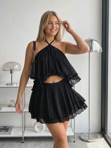 SHEIN ICON Women's Plus Size Summer Retro Sexy Millennial Style Y2K Fashion Casual Modern Urban Bold Avant-Garde Ball Party Black Ruffle Hollow Neck Mesh Dress - Black - View 9