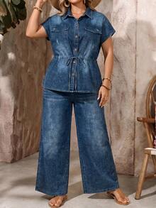 EMERY ROSE EMERY ROSE Set casual in denim da donna taglie forti, due pezzi con camicia monospalla con laccio in vita e pantaloni - Blu - Visualizzare 5