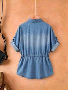 EMERY ROSE EMERY ROSE Plus Size Women's Rolled Hem Short Sleeve Single-Breasted Drawstring Waist Casual Denim Shirt,Light Wash Collared Roll Tab Sleeve Denim Shirt,Business - Blue - View 2