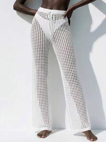 SHEIN Summer Beach Hollow Out Crochet Cover Up Pants Vacation White - White - View 7
